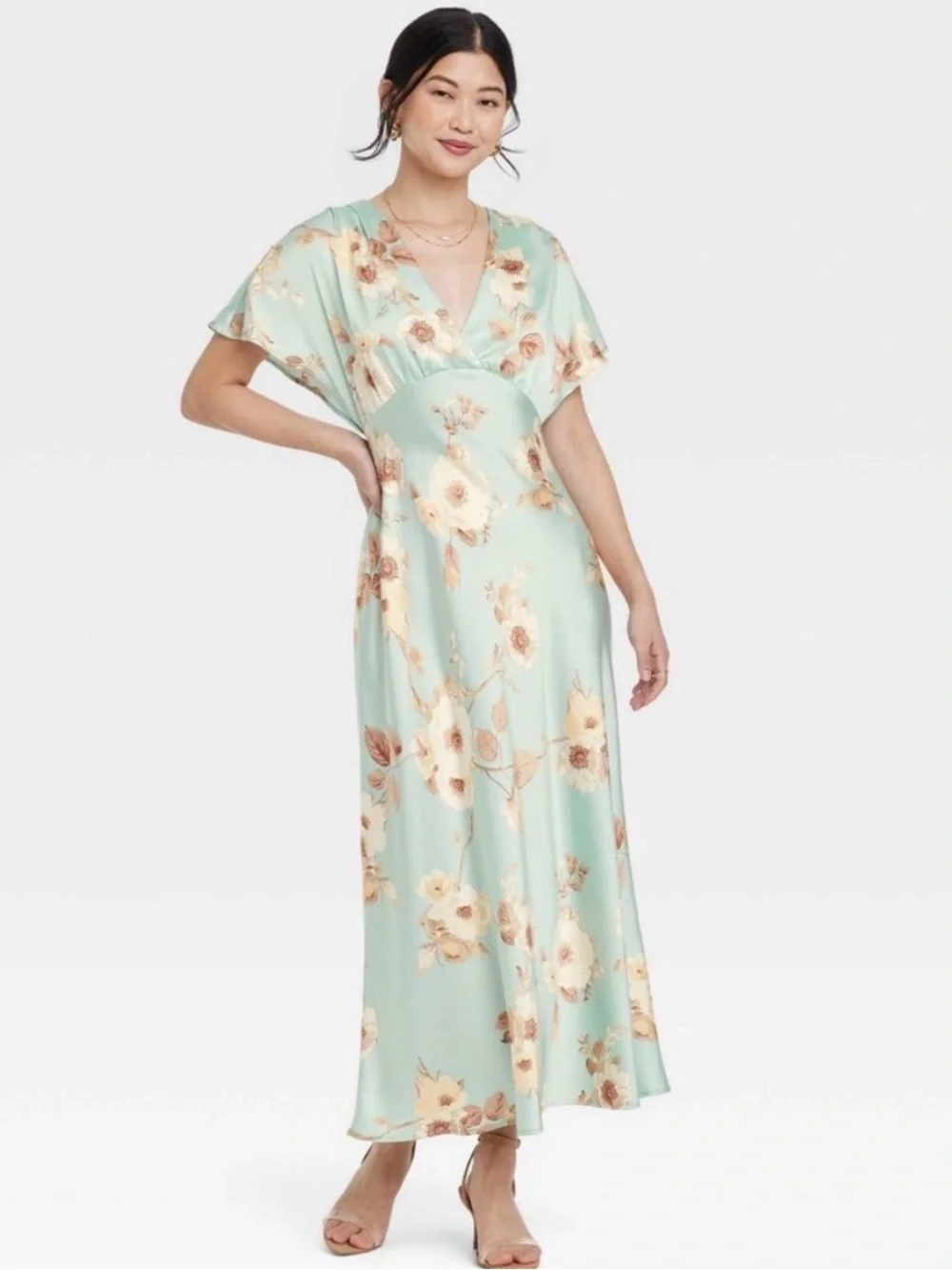 D167 NWT A New Day Empire Waist Flutter Sleeve Satin Maxi Dress - Size: Small